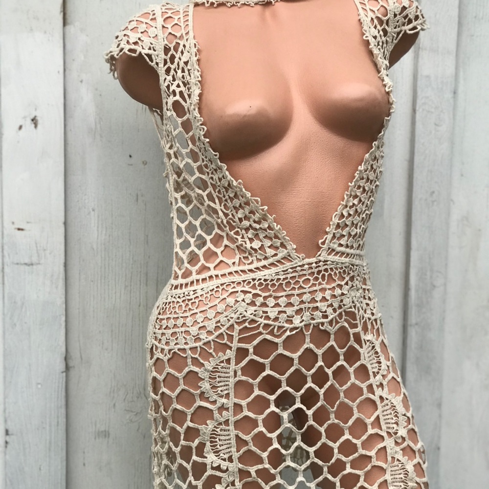 Crochet lace knit bikini cover up dress boho cotton knit beach gypsy glam doll - Picture 8 of 8